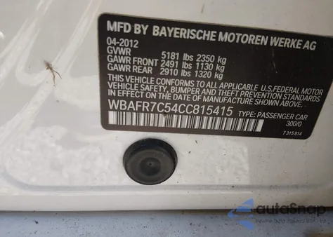 2012 BMW 535I z USA, uszkodzony, nr VIN WBAFR7C54CC815415